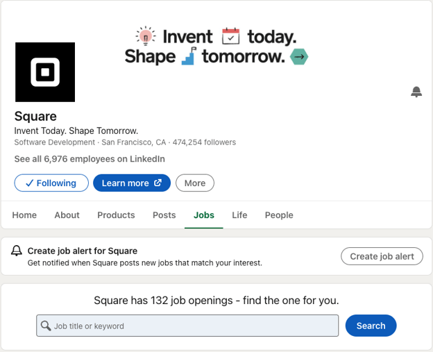 Screenshot of Square's Instagram page showing 132 job openings and 6,976 employees on LinkedIn