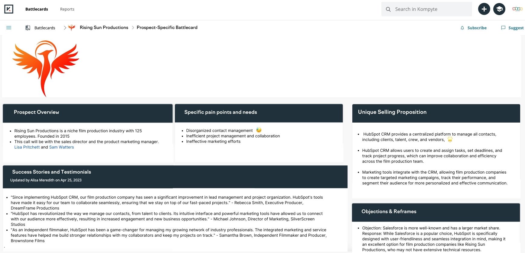 Prospect-Specific Battlecard Example for Rising Sun Productions showing overview, pain points, USP, Success stories, Objections