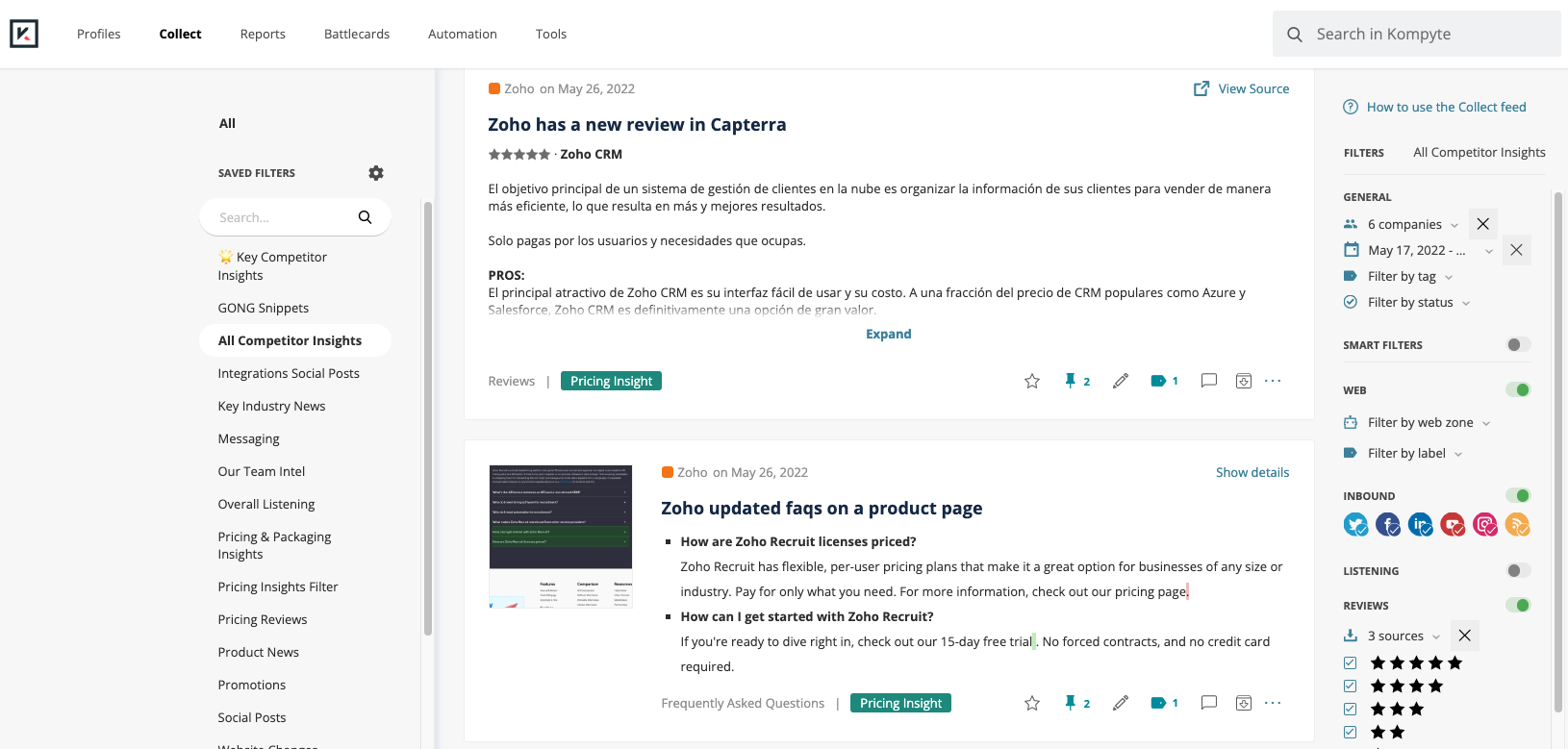 Collect feed in Kompyte showing new review and page update for competitor Zoho
