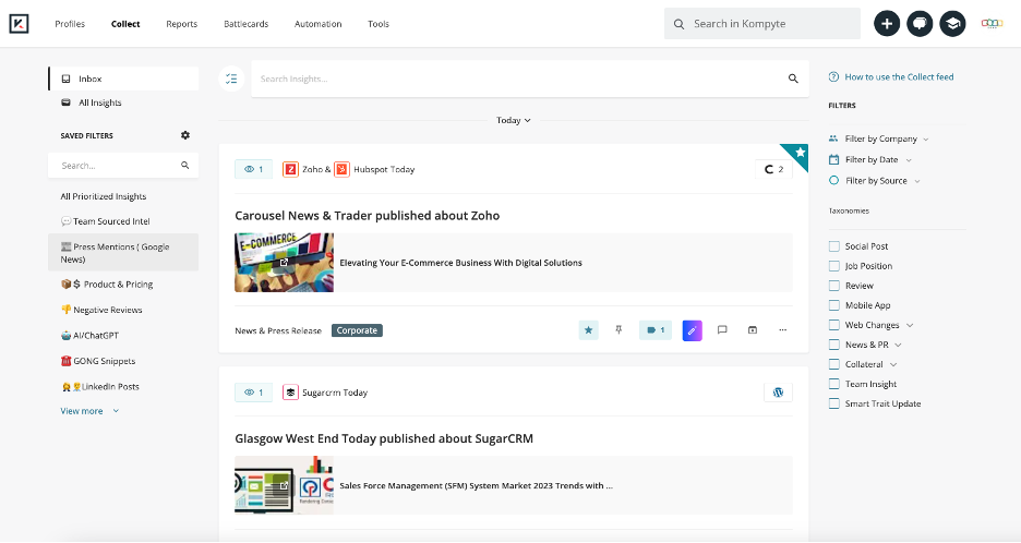 The Kompyte interface where users search for and see news about their competitors.