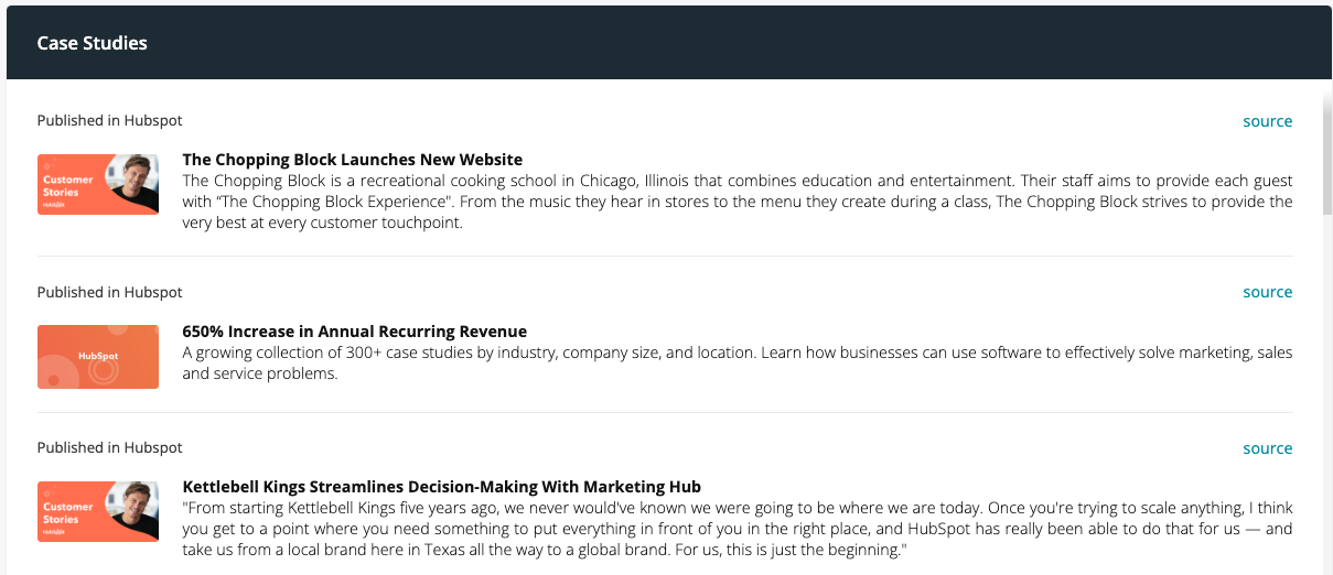 HubSpot case studies show up in Battlecards in Kompyte